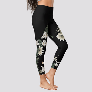 Women's 7/8 Length UPF50+ Swim Leggings w/Pockets - Black Hawaiian Lily Swim leggings Berry Jane™