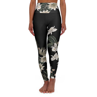 Womens High Waisted Surf Swim Paddleboard Leggings, Black Hawaiian Lily Swim leggings Berry Jane