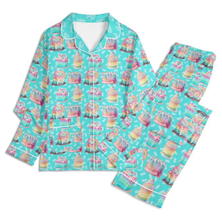 Women’s Birthday Pajamas – Pastel Cakes Cupcakes Print Lounge Set Women's Pajama Sets Berry Jane
