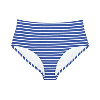 High-Waist Hipster Bikini Bottom, Nautical Blue Beach Stripe Swimsuit Bottoms Berry Jane