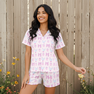Women's Cute Pastel Chickens Jersey Knit Pajama Shorts Set, Pink Women's Pajama Sets Berry Jane™