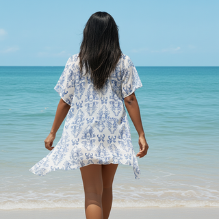 Womens Long Kimono Sleeve Swimsuit Cover-up, Blue Toile Swimsuit Cover-up Berry Jane