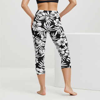Berry Jane Women's Hawaiian Swim Leggings Capris, Black White Floral Swim leggings Berry Jane™