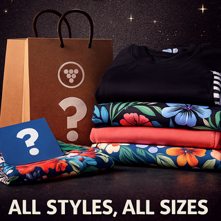 Mystery Bags Mens Swim Trunks - Berry Jane's BFCM Week Sale with colorful clothing and a shopping bag.