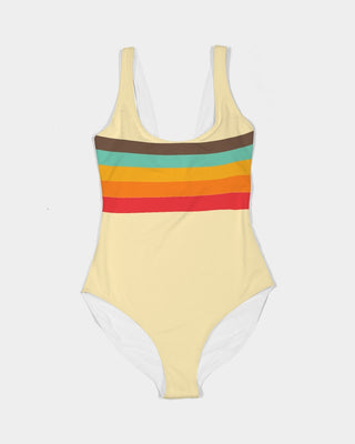 Vintage 70s Retro Stripe, Mellow Yellow Women's One-Piece Swimsuit Swimwear Berry Jane™