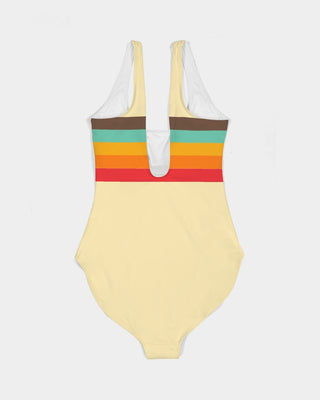 Vintage 70s Retro Stripe, Mellow Yellow Women's One-Piece Swimsuit Swimwear Berry Jane™