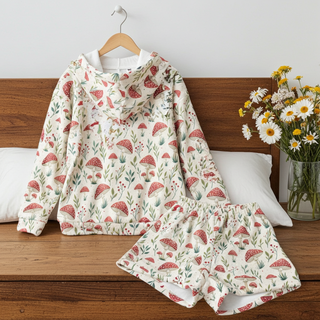 Women’s Fuzzy Fleece Hoodie Shorts Lounge Set – Mushroom Print Lounge Set Berry Jane