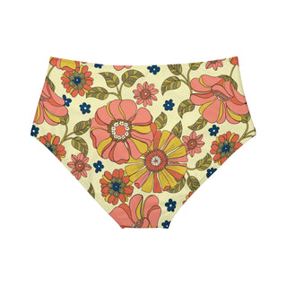 Women's High-Waist Hipster Bikini Bottoms, 70s Retro Floral Swimsuit Bottoms Berry Jane