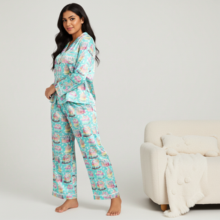 Women’s Satin Birthday Pajamas – Blue Pastel Cupcakes Print Lounge Set Women's Pajama Sets Berry Jane™