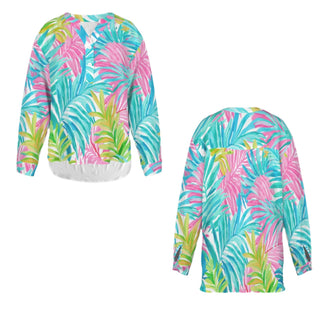 Tropical Print Button-Up Tunic Blouse Resort, Los Cabos Tropical Leaves Tops Berry Jane™