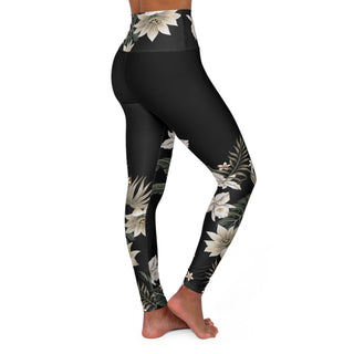 Womens High Waisted Surf Swim Paddleboard Leggings, Black Hawaiian Lily Swim leggings Berry Jane