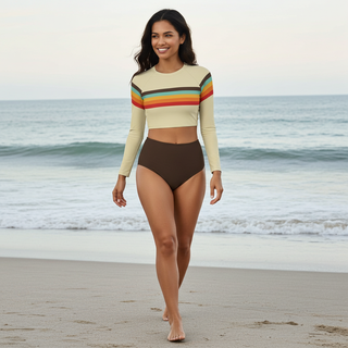 Vintage Surf Style 70s Stripe Cropped Rash Guard Swimsuit Set 2 Pc Swimsuit Set Berry Jane