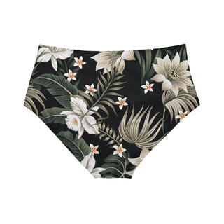 Mid-Waist Hipster Bikini Bottoms, Black Hawaiian Lily Swimsuit Bottoms Berry Jane