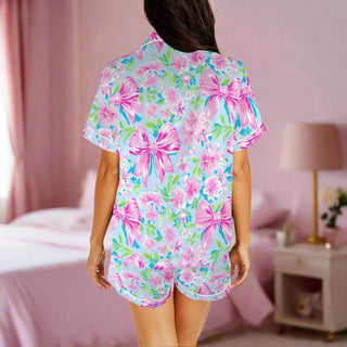 Women's Preppy Coquette Floral Luxe Satin Pajama Short Set