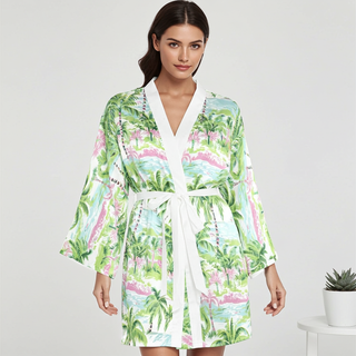 Women's Beach Tropical Satin Robe, Destination Wedding, Matching Bridesmaids Robes Berry Jane