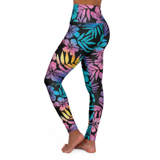Women's High Waisted Swim Leggings, Floral Hawaiian Hibiscus All Over Prints Berry Jane