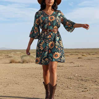 Women's Western Boho A-Line Ruffle Sleeve Mini Dress Dresses Berry Jane