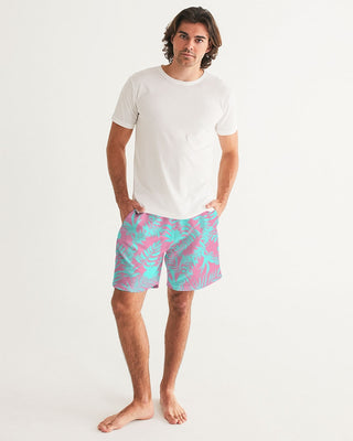 Men's Turquoise Tropical Floral Pink Swim Trunks, 7" Inseam Swim Trunks Berry Jane™