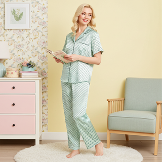 Women’s Satin Polka Dot Pajama Top – Mint Green Short Sleeve & Shorts Sleepwear Women's Pajama Tops Berry Jane™