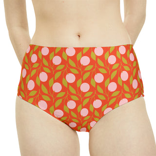 Mid High Waist Bikini Bottom, 70s Mod Bohemian Floral Swimsuit Bottoms Berry Jane