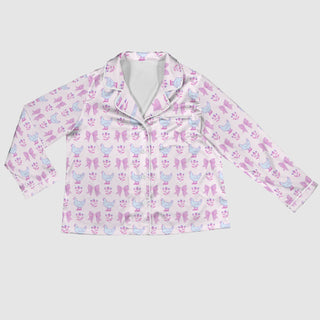 women's satin pajama top with pastel pink chickens and bows