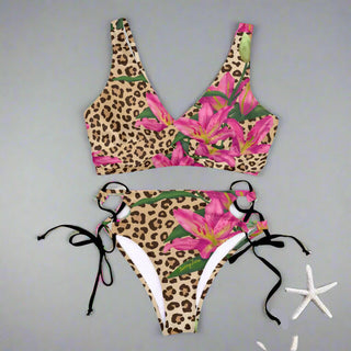 Women's Wrap Front Side Tie Bikini Swimsuit, Leopard Floral Lily 2 Pc Swimsuit Set Berry Jane