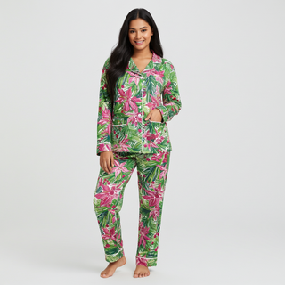 Women's Hawaiian Christmas Pajama Set, Floral Poinsettia, Pink and Green Women's Pajama Sets Berry Jane