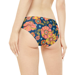 70s Retro Floral Print Low Rise Bikini Bottoms, Side Ties Swimsuit Bottoms Berry Jane