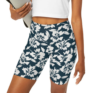 Women's 7" Long High-Waisted Swim Shorts, Blue Hawaiian Hibiscus Swim Shorts Berry Jane