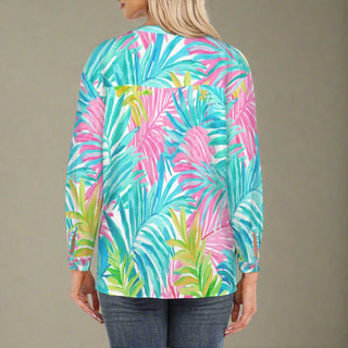 Tropical Print Button-Up Tunic Blouse Resort, Los Cabos Tropical Leaves Tops Berry Jane™