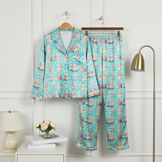 Women’s Satin Birthday Pajamas – Blue Pastel Cupcakes Print Lounge Set Women's Pajama Sets Berry Jane™