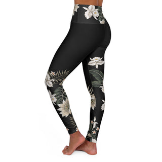 Womens High Waisted Surf Swim Paddleboard Leggings, Black Hawaiian Lily Swim leggings Berry Jane