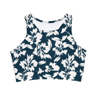 Women's Sporty High Neck Sports Bra Bikini Top, Floral Hibiscus Swimsuit tops Berry Jane