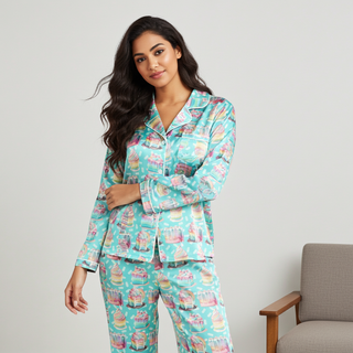 Women’s Satin Birthday Pajamas – Blue Pastel Cupcakes Print Lounge Set Women's Pajama Sets Berry Jane™