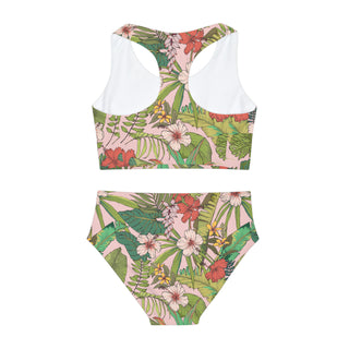 Girls Two Piece Surf Active Swimsuit, Vintage Tropical Floral Girls Swimwear Berry Jane