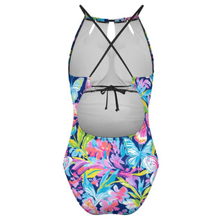 Women's One Piece Halter Swimsuit, Butterfly Floral Swimwear Berry Jane