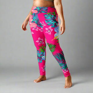 Women's plus size swim leggings, Pink Hawaiian Floral Print, Berry Jane