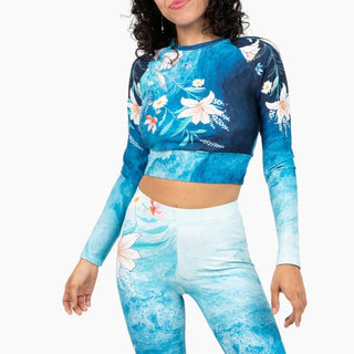 Berry Jane Women's cropped rash guard, ocean blue, floral, long sleeve swimsuits, cropped