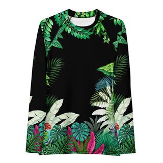 Women's UPF Rash Guard - Black with Tropical Jungle Print
