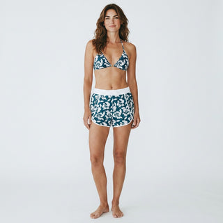 Women's Blue Hibiscus Floral Beach Swim Shorts, Zipper Pockets board shorts Berry Jane™