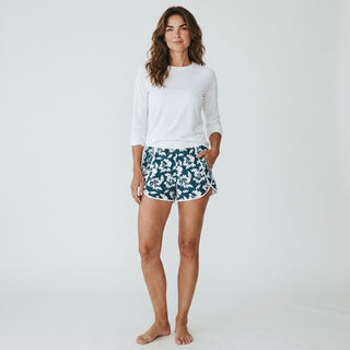 Women's Blue Hibiscus Floral Beach Swim Shorts, Zipper Pockets board shorts Berry Jane™