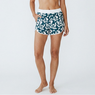 Women's Blue Hibiscus Floral Beach Swim Shorts, Zipper Pockets board shorts Berry Jane™