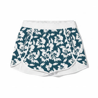 Women's Blue Hibiscus Floral Beach Swim Shorts, Zipper Pockets board shorts Berry Jane™