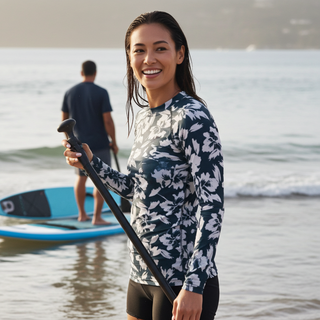 Womens UPF Sun Protection Rash  Guard, Swim Shirt, Blue Hawaiian Floral