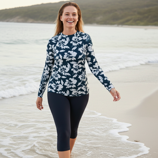 Women's UPF 50 Rash Guard, Blue Hawaiian Floral Rash Guards & Swim Shirts Berry Jane™