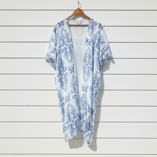Blue and white floral toile swimsuit cover-up, kimono sleeve, lightweight poly chiffon - resort, beachwear