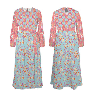 Womens boho floral maxi dress, long sleeves, tie belt,  beach, fall, spring