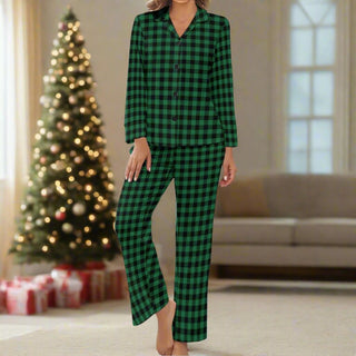 Women's Christmas Green Buffalo Check Pajama Set, Green Plaid Pajama Sets Berry Jane