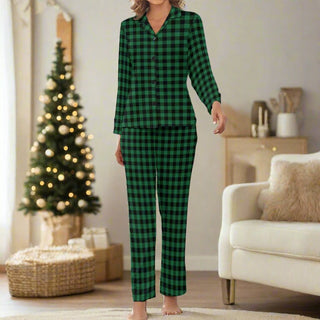 Women's Christmas Green Buffalo Check Pajama Set, Green Plaid Pajama Sets Berry Jane