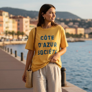 Côte d’Azur Société Garment-dyed T-Shirt, Gold - French Riviera Travel Tee T-Shirts Berry Jane™